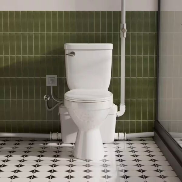 600W Macerating Toilet System, White Round Bowl Toilet 2-Piece 1.6 GPF Single Flush, 3-Inlets Upflush Pump for Basement